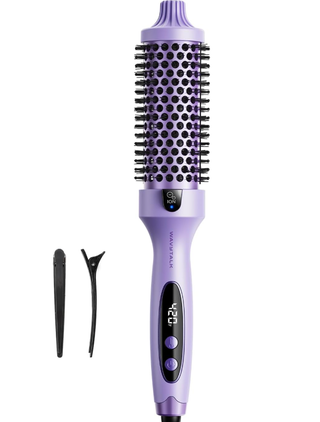 Purple hair styling tool with digital display on a white background